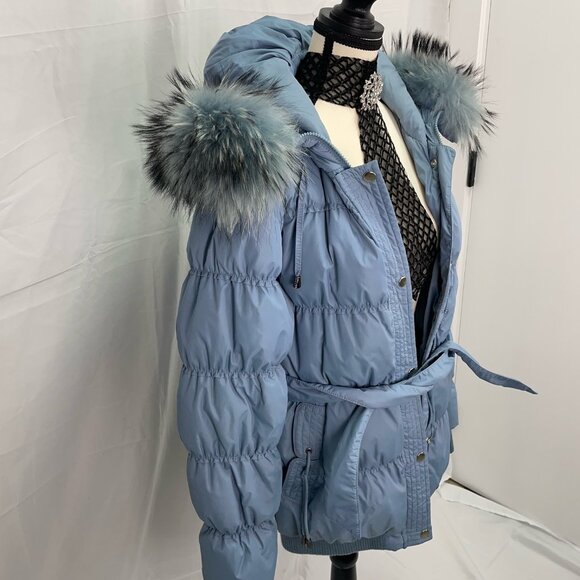 WOMEN MEDIUM PUFFER JACKET FLASH GEO BRAND WITH FUR BLUE HIGH END CANADIAN BRAND - Picture 4 of 9